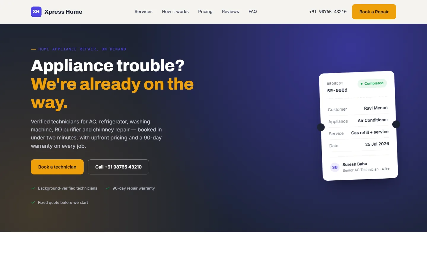 Xpress Home Appliance Care website screenshot